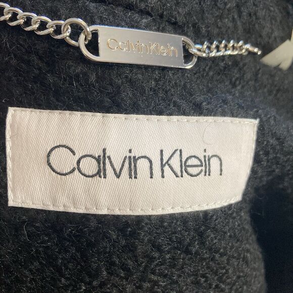 Calvin Klein Trench Coat Womens 10 Black Belted Wool Blend Mid Length - Picture 8 of 11